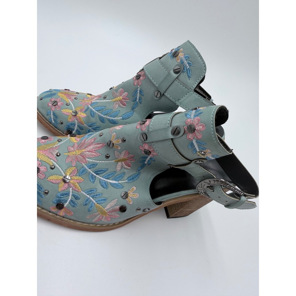 Floral Embroidered Western Ankle Booties Blue Studded Boho Fairycore Cowgirl Y2K